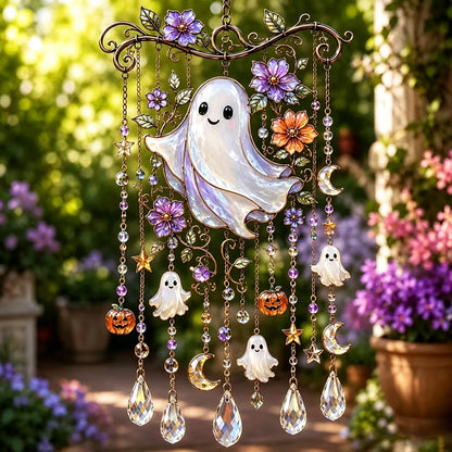 Halloween Crystal Wind Chime – Spooky Ghost, Pumpkin & Moon Hanging Decor for Porch, Garden & Window