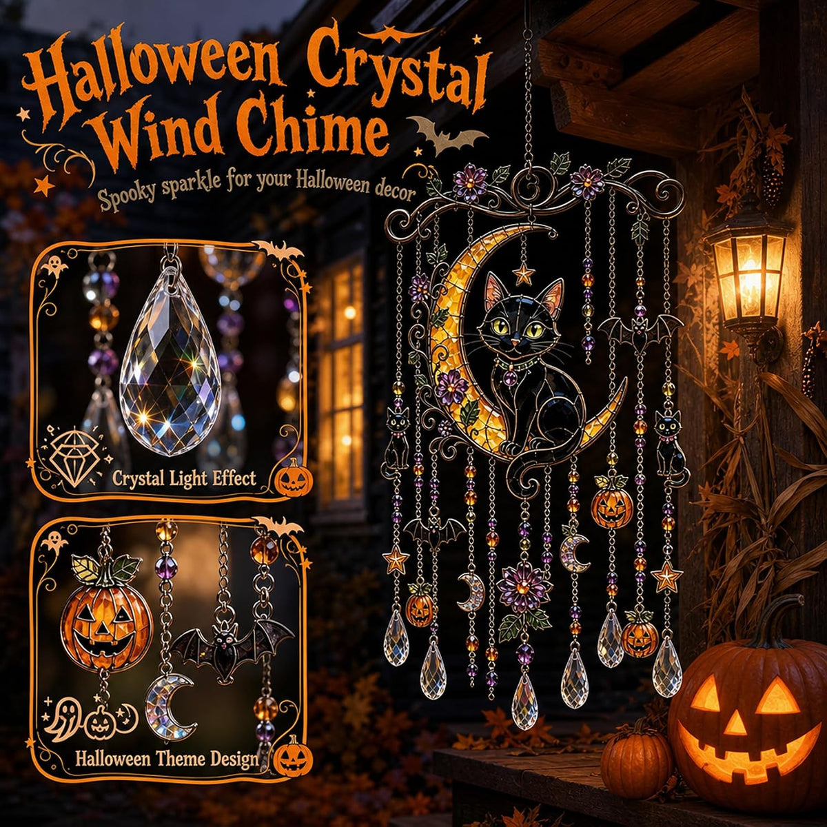 Halloween Crystal Wind Chime – Spooky Ghost, Pumpkin & Moon Hanging Decor for Porch, Garden & Window