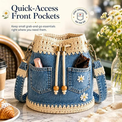 Handmade Denim Crochet Bucket Bag – Daisy-Embroidered Drawstring Crossbody Bag