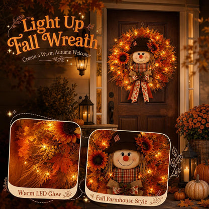 Lighted Scarecrow Fall Wreath – Cozy Autumn Front Door & Thanksgiving Decoration