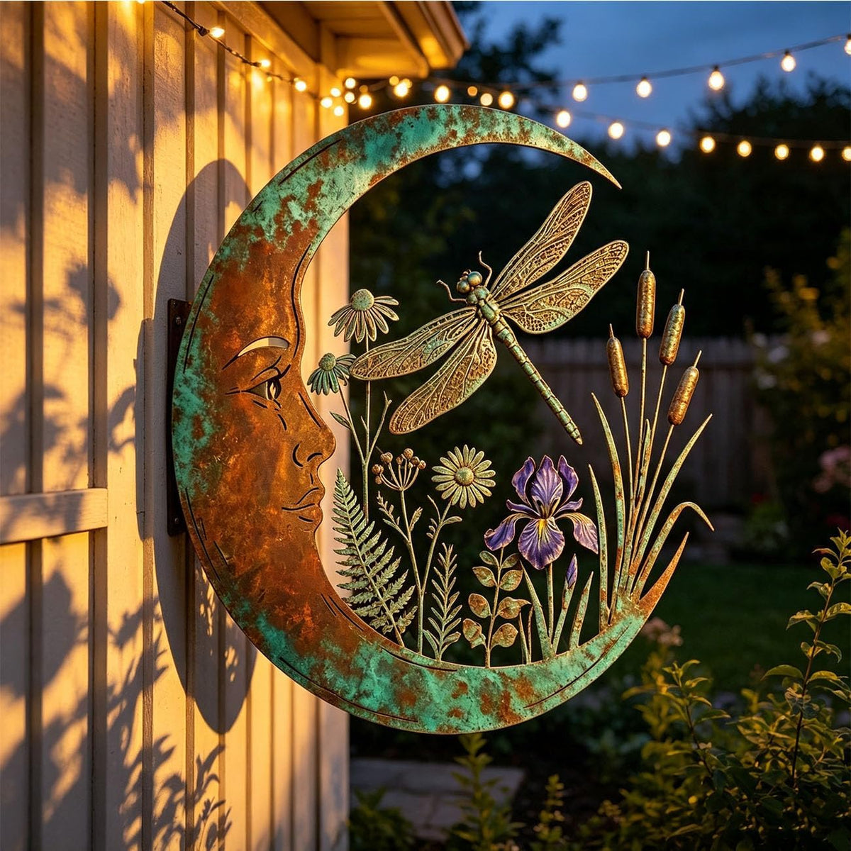 Rustic Moon Garden Metal Wall Art – Dragonfly, Bee, Fairy & Black Cat Outdoor Decor