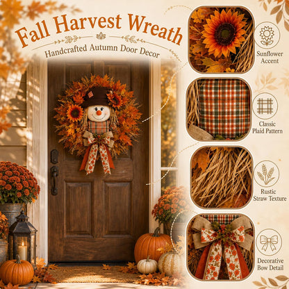 Lighted Scarecrow Fall Wreath – Cozy Autumn Front Door & Thanksgiving Decoration