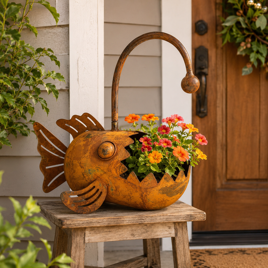 Rustic Metal Fish Planter – Whimsical Anglerfish Flower Pot for Home, Garden & Patio Decor