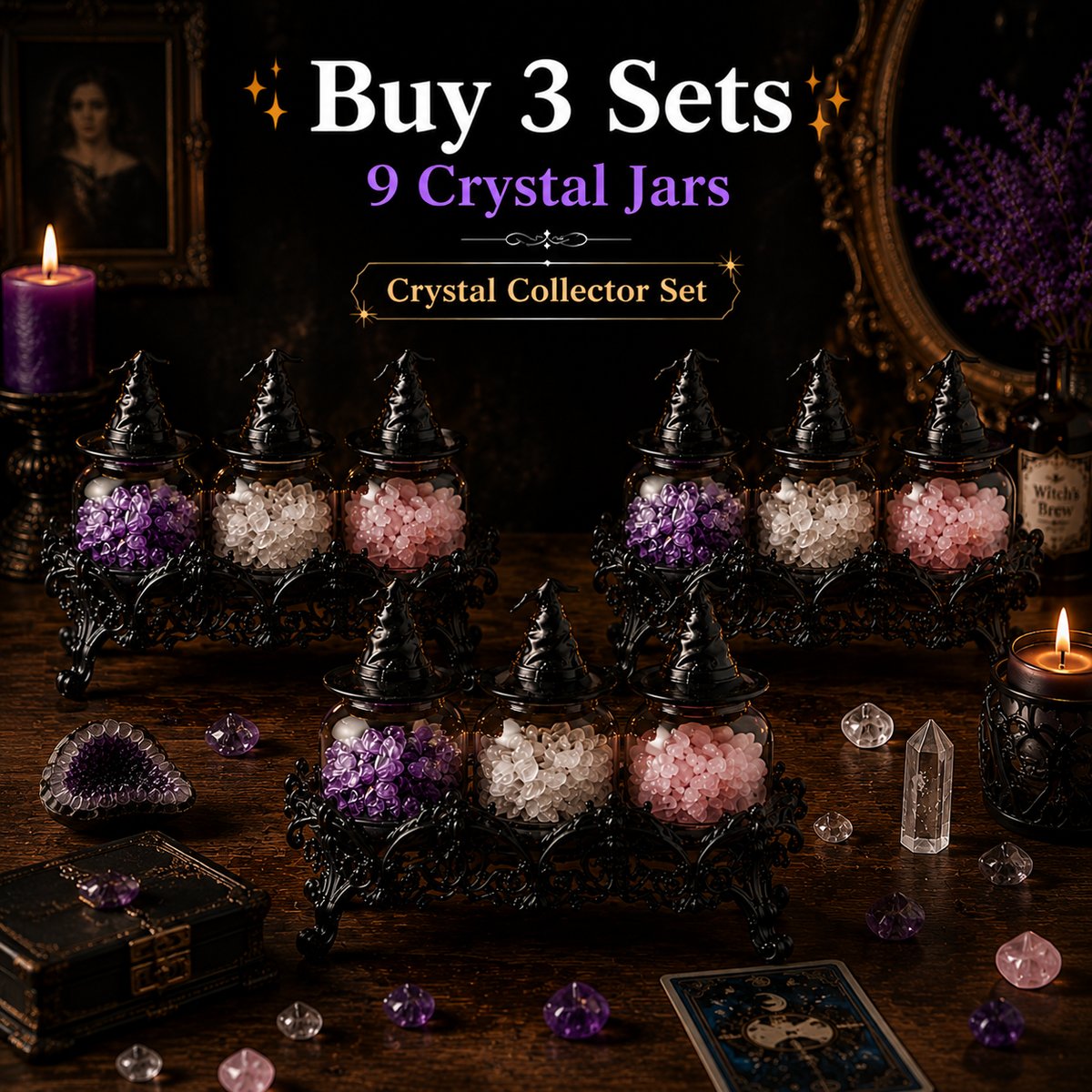 Crystal Apothecary Jar Set with Witch Hat Lids - Gothic Glass Storage Containers for Gemstones, Healing Crystals & Witchy Home Decor