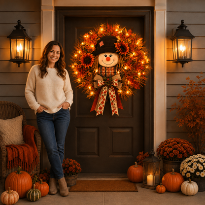Lighted Scarecrow Fall Wreath – Cozy Autumn Front Door & Thanksgiving Decoration