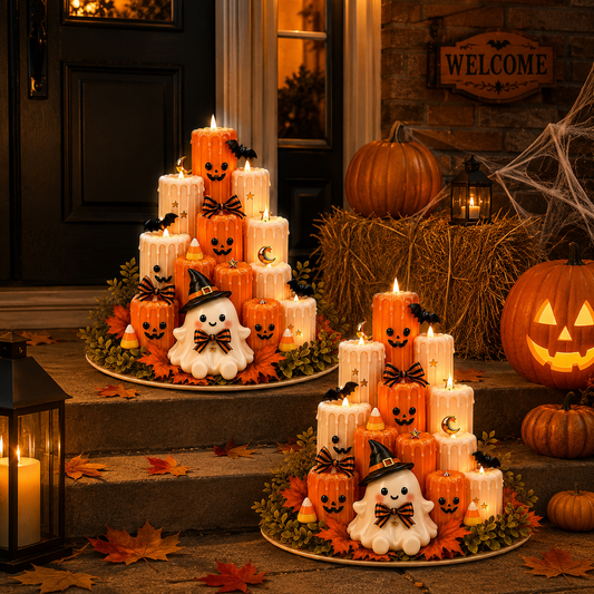 Flameless LED Ghost Halloween Tabletop Decoration | Stacked Faux-Wax Tower