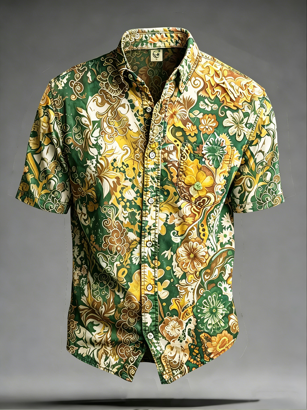 Moisture-Wicking Abstract Gradient Floral Print Chest Pocket Hawaiian Shirt