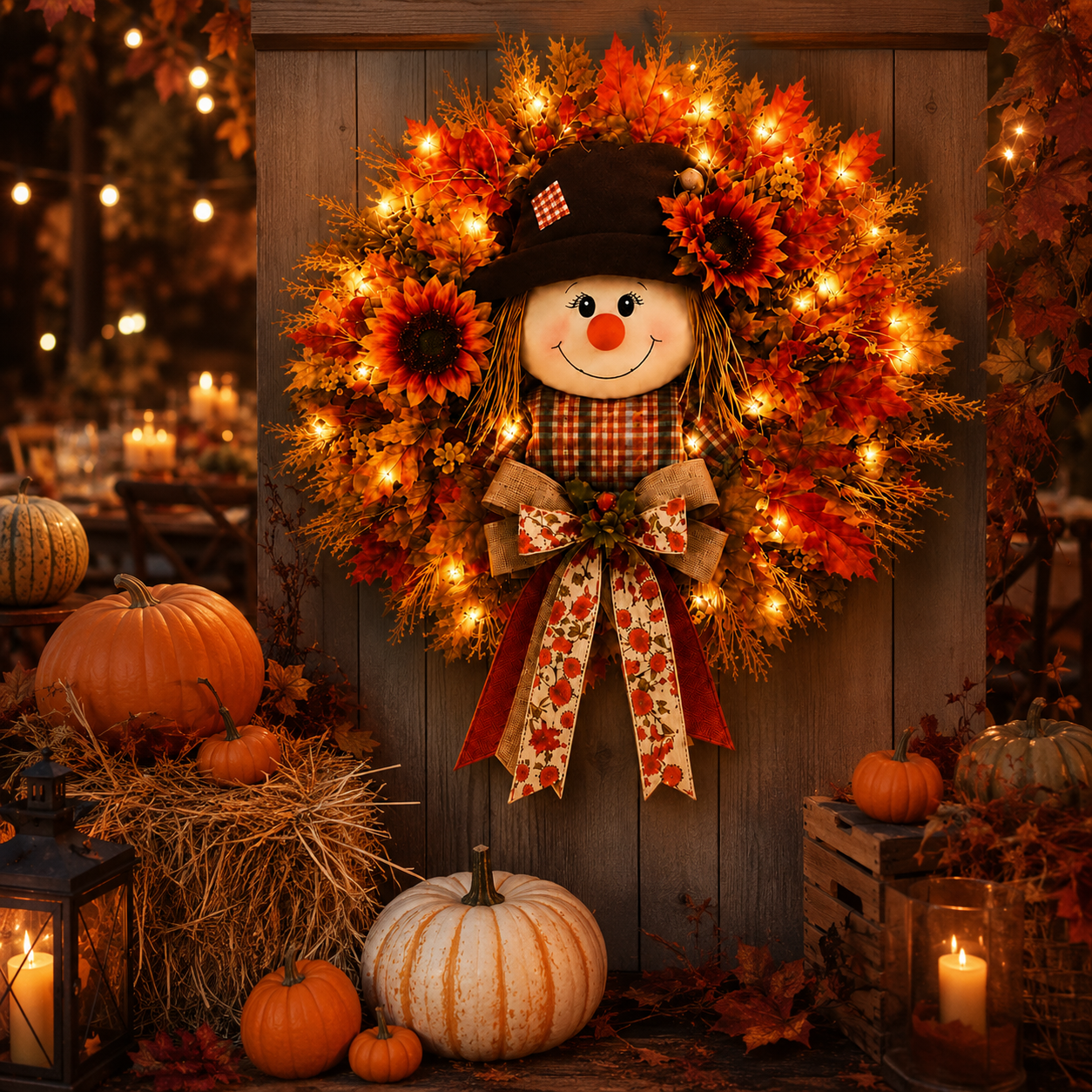 Lighted Scarecrow Fall Wreath – Cozy Autumn Front Door & Thanksgiving Decoration