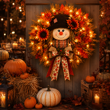 Lighted Scarecrow Fall Wreath – Cozy Autumn Front Door & Thanksgiving Decoration