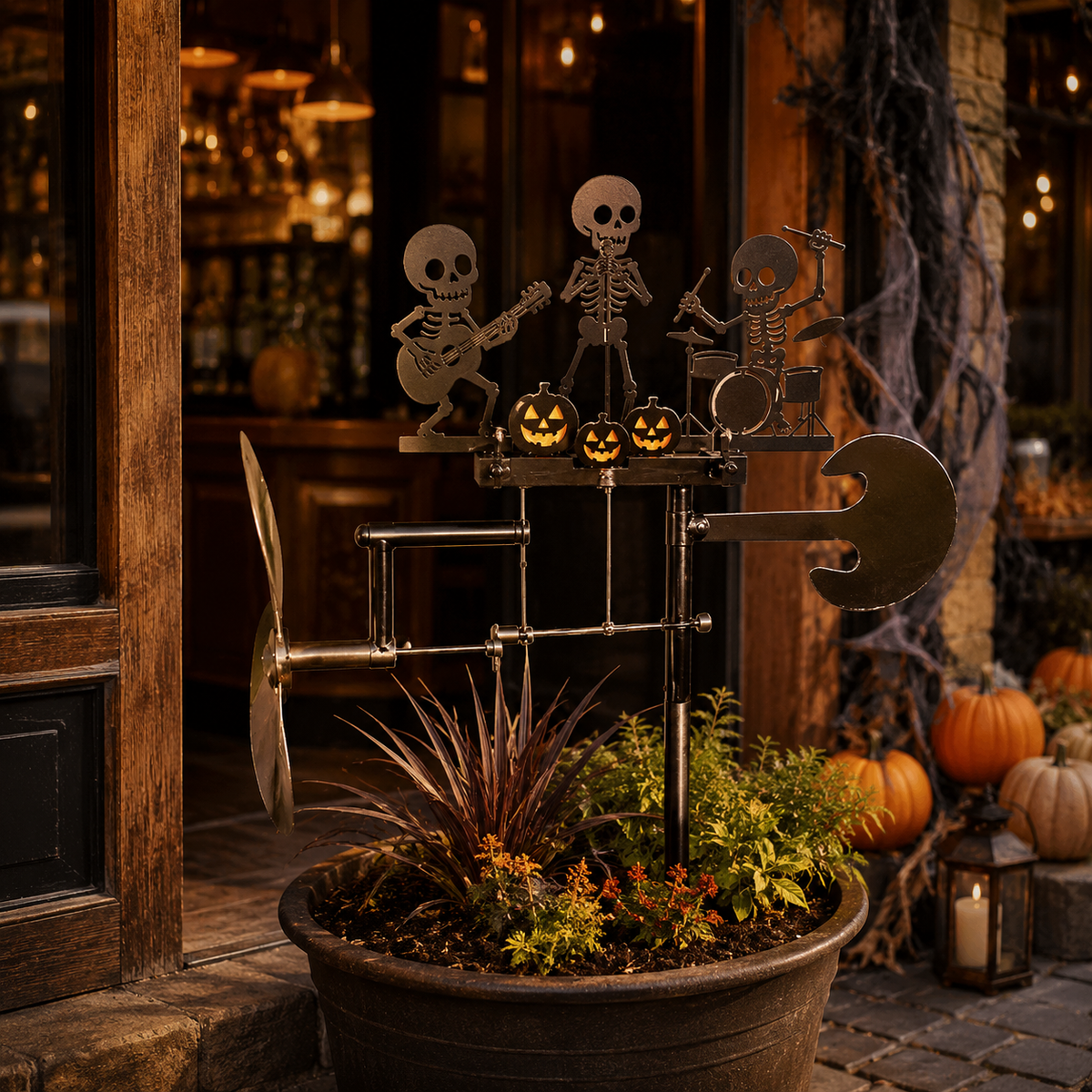Halloween Skeleton Band Kinetic Wind Spinner - Metal Outdoor Garden Stake Decoration