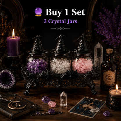 Crystal Apothecary Jar Set with Witch Hat Lids - Gothic Glass Storage Containers for Gemstones, Healing Crystals & Witchy Home Decor