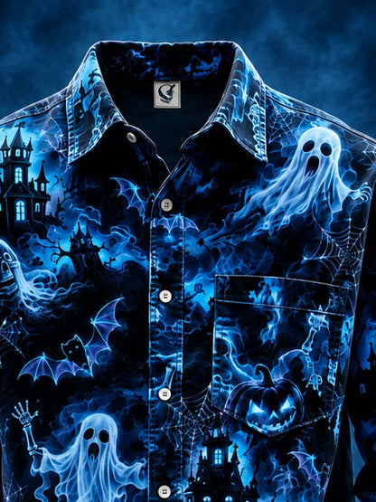 Moisture-Wicking Halloween Castle Pumpkin Ghost Bat Chest Pocket Long-Sleeve Casual Shirt