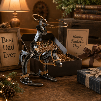 Western Metal Cowboy Riding Horse Sculpture – Rustic Ranch Home & Office Decor