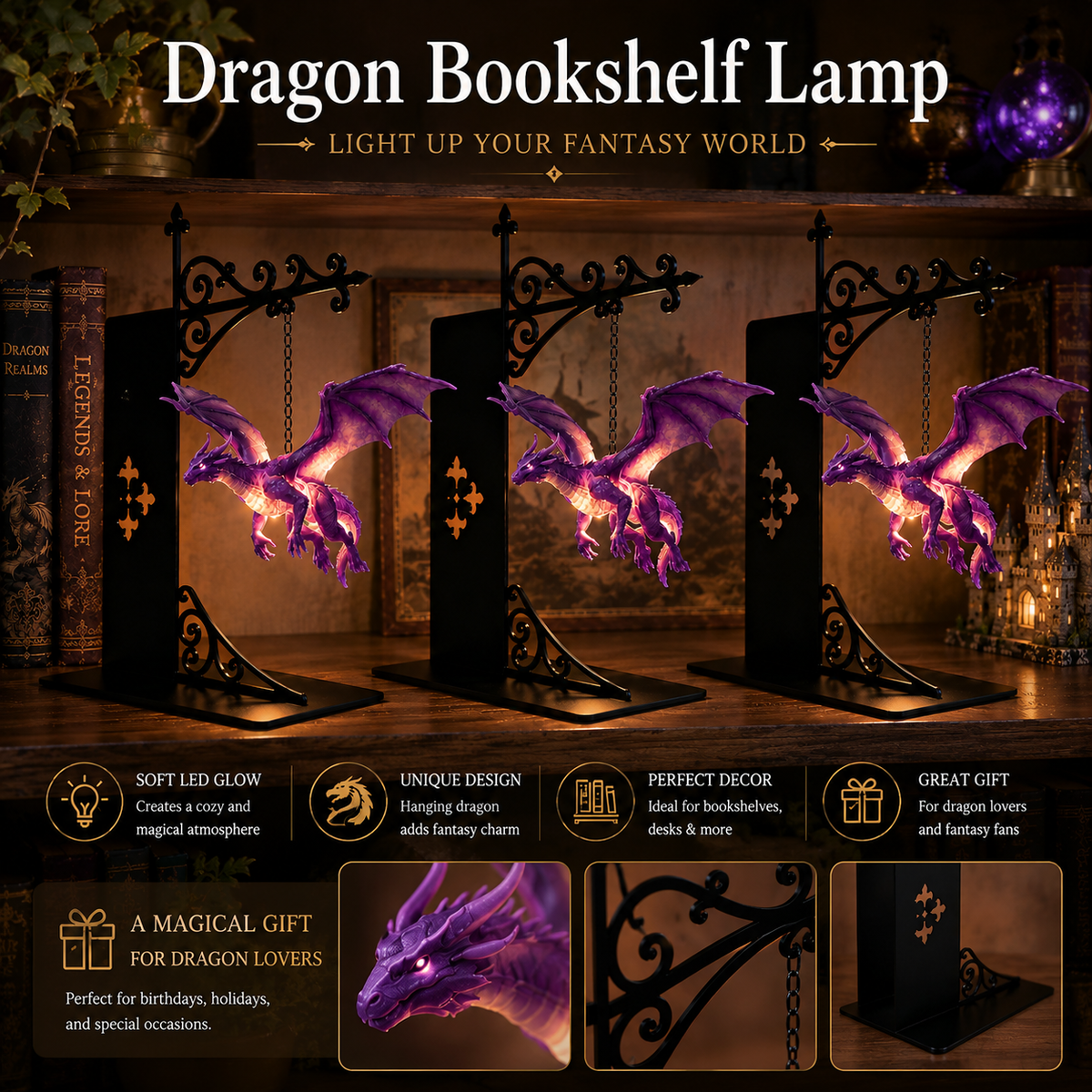 Fantasy Dragon Bookshelf Lamp - The Perfect Gift For Dragon Lovers