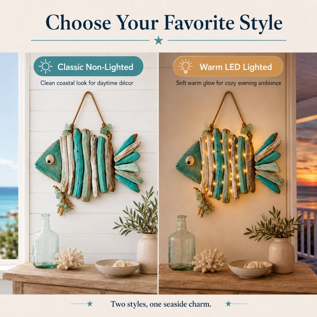 Lighted Coastal Driftwood Fish Wall Decor – Rustic Beach House Hanging Decoration