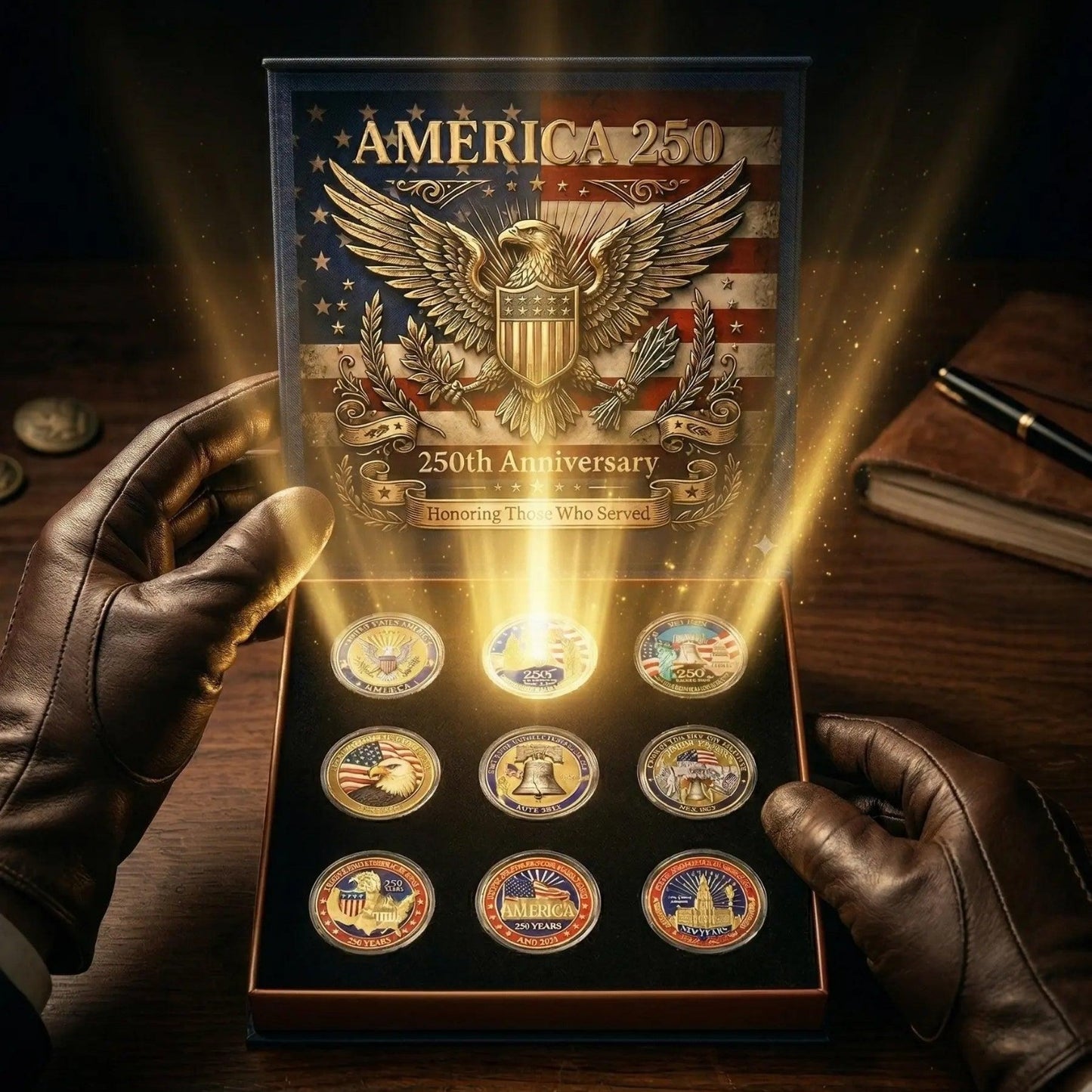 America 250 Commemorative Coin Set With Gift Box - 9PCS 250th Anniversary Patriotic Collectible Coins