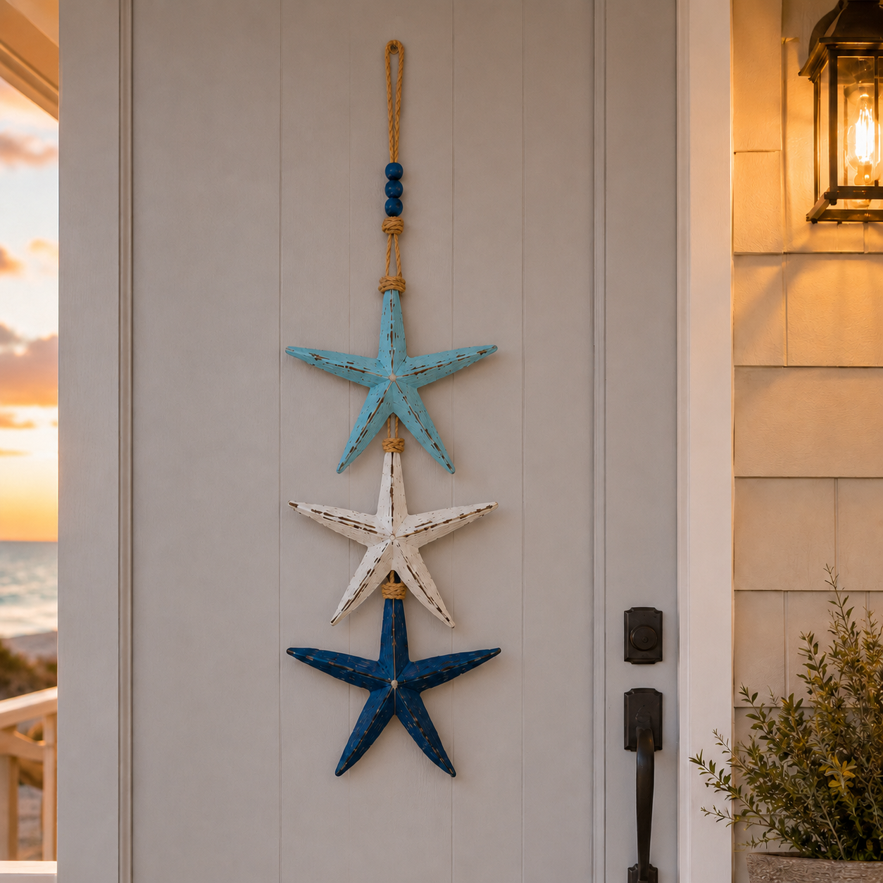 Lighted Coastal Starfish Door Hanger - Nautical Beach House Porch Decor