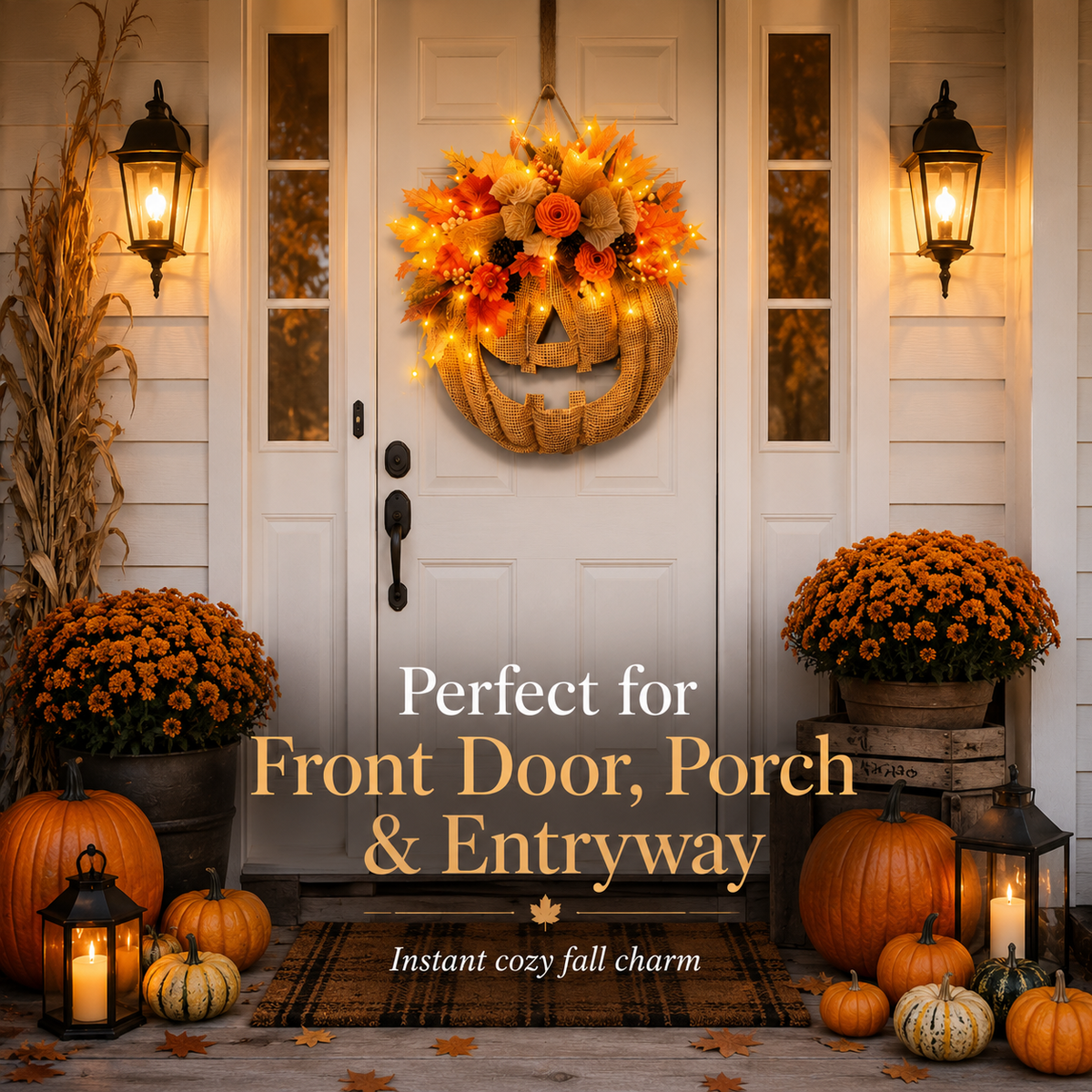 Lighted Burlap Pumpkin Wreath - Farmhouse Fall Halloween Door Decor