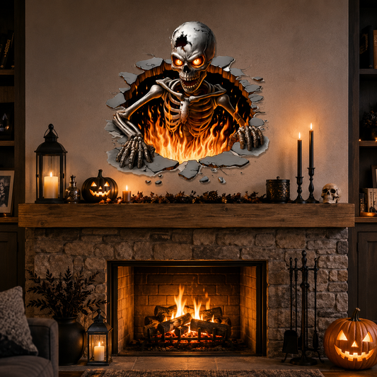 Halloween Skeleton Wall Sticker – 3D Broken Wall Flame Skull Decal for Home, Door & Window Decor