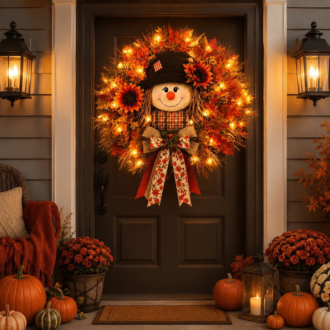 Lighted Scarecrow Fall Wreath – Cozy Autumn Front Door & Thanksgiving Decoration