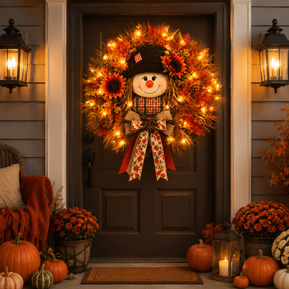 Lighted Scarecrow Fall Wreath – Cozy Autumn Front Door & Thanksgiving Decoration