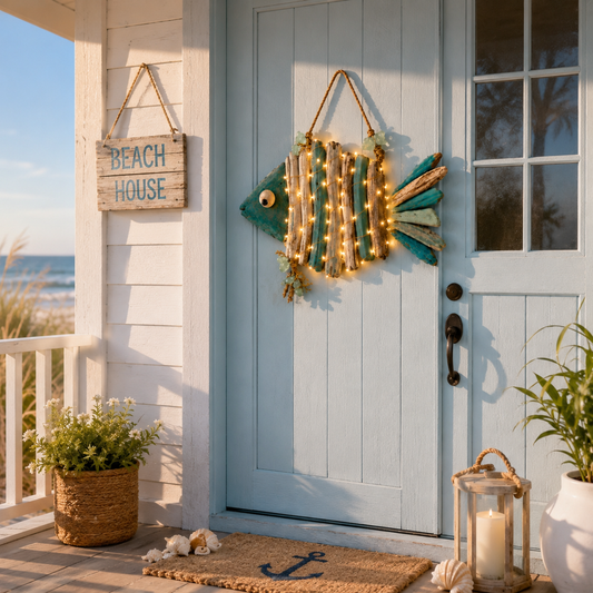 Lighted Coastal Driftwood Fish Wall Decor – Rustic Beach House Hanging Decoration