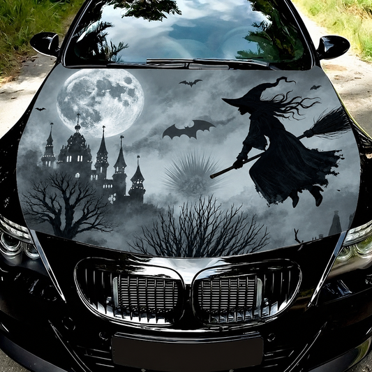 Reusable Halloween Car Hood Cover – 2D Printed Gothic Skull, Grim Reaper & Witch Vehicle Decoration