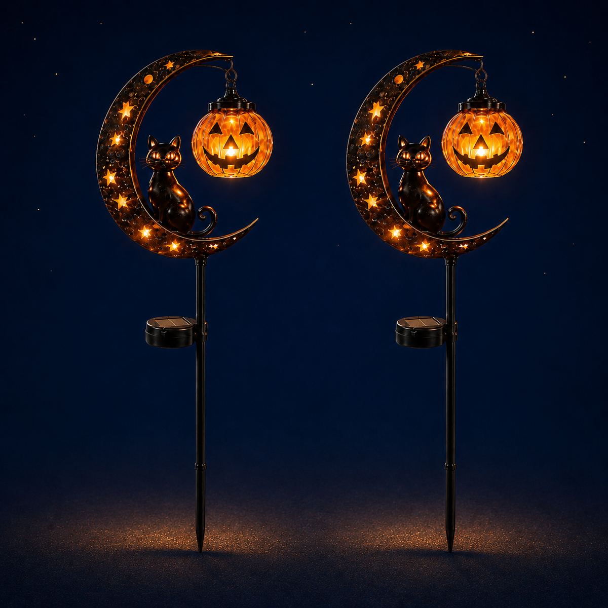 Halloween Solar Garden Stake Light - Black Cat & Pumpkin Moon Outdoor Yard Decor