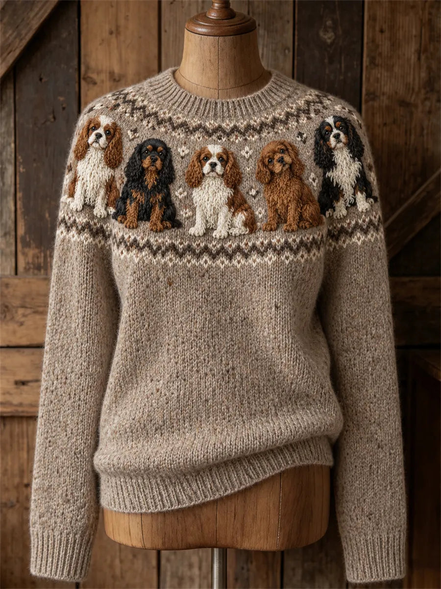 Women's Vintage Cavalier Dogs Yoke Isle Print Cozy crew neck sweater