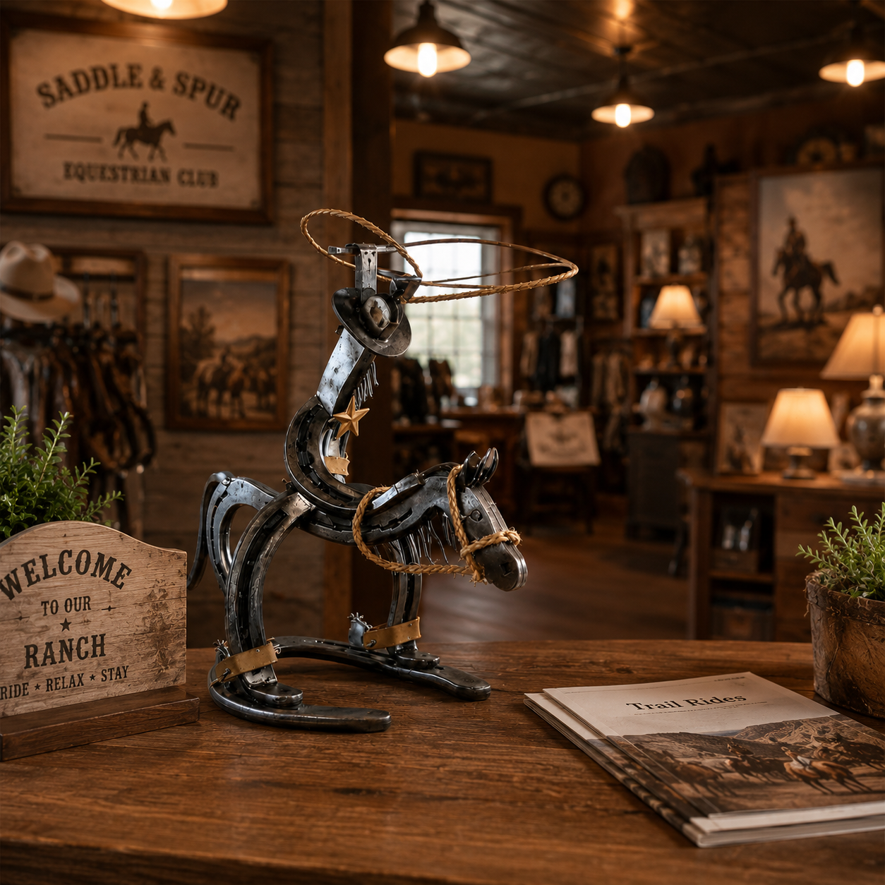 Western Metal Cowboy Riding Horse Sculpture – Rustic Ranch Home & Office Decor