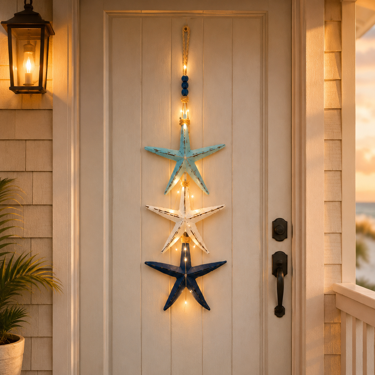Lighted Coastal Starfish Door Hanger - Nautical Beach House Porch Decor