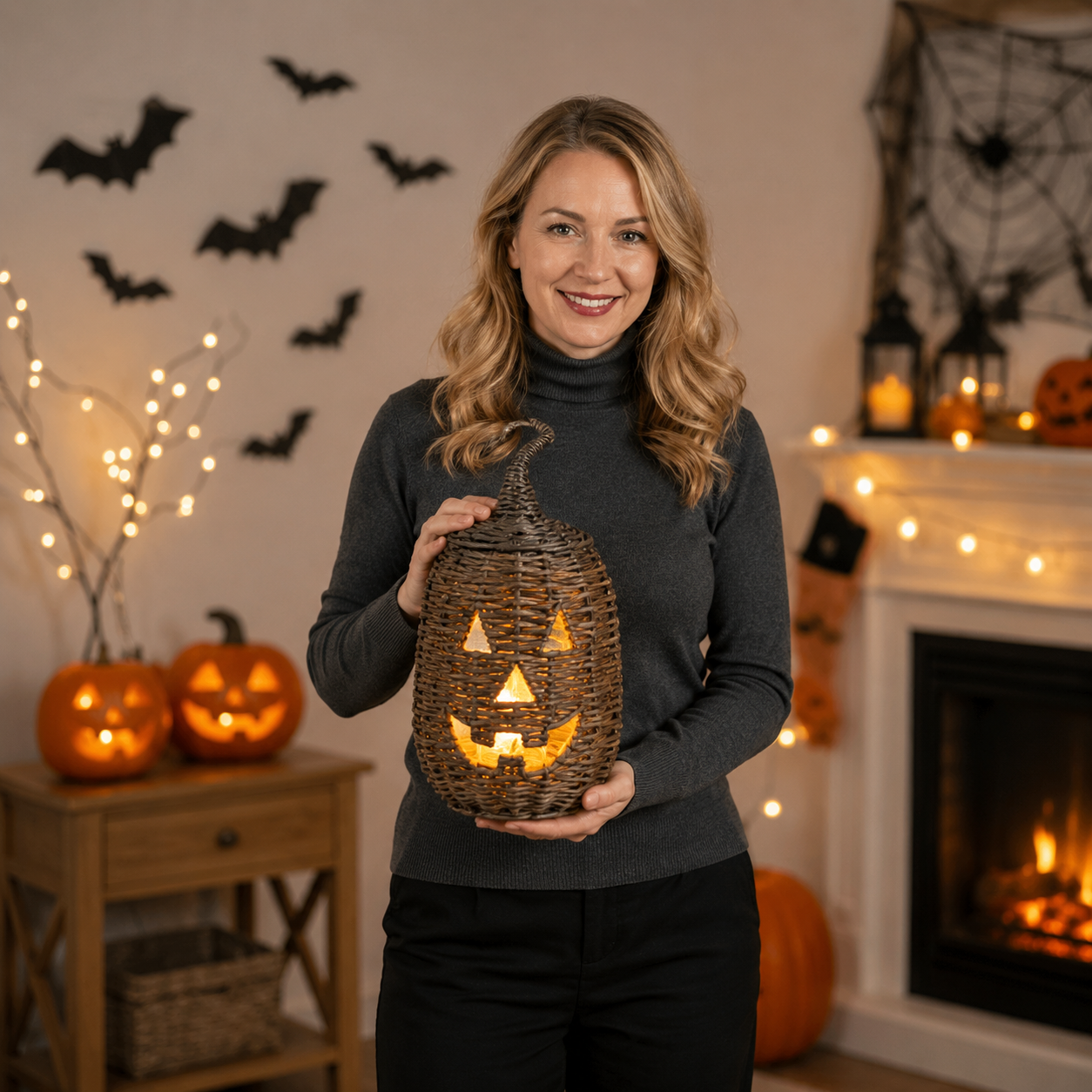 Rustic Wicker Pumpkin Candle Holder - Handwoven Jack-O’-Lantern Halloween Porch Decor