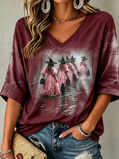 Women's Mysterious Witch and Black Cat Print Top