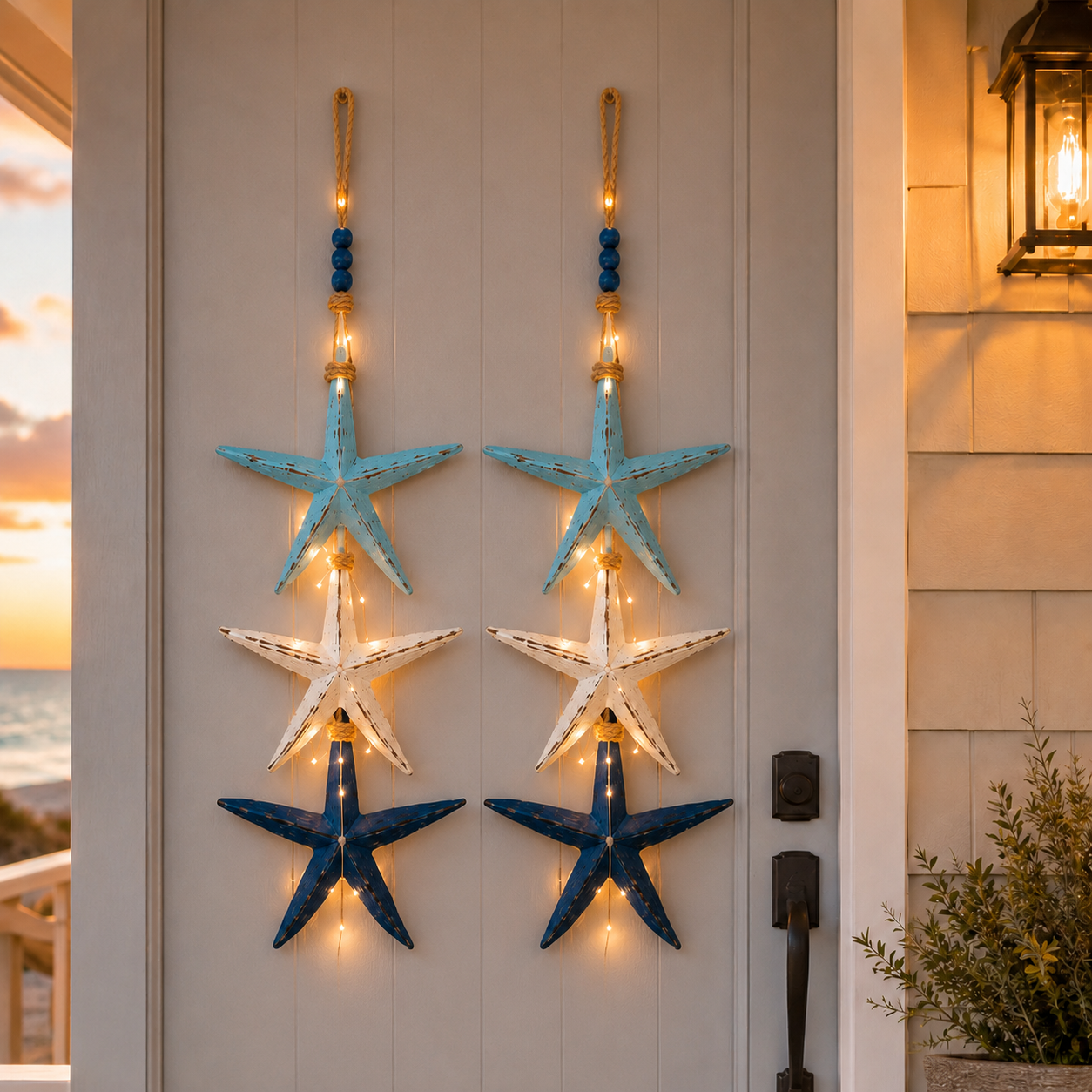 Lighted Coastal Starfish Door Hanger - Nautical Beach House Porch Decor