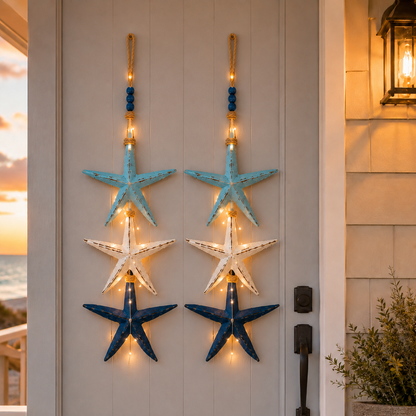 Lighted Coastal Starfish Door Hanger - Nautical Beach House Porch Decor