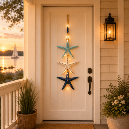 Lighted Coastal Starfish Door Hanger - Nautical Beach House Porch Decor