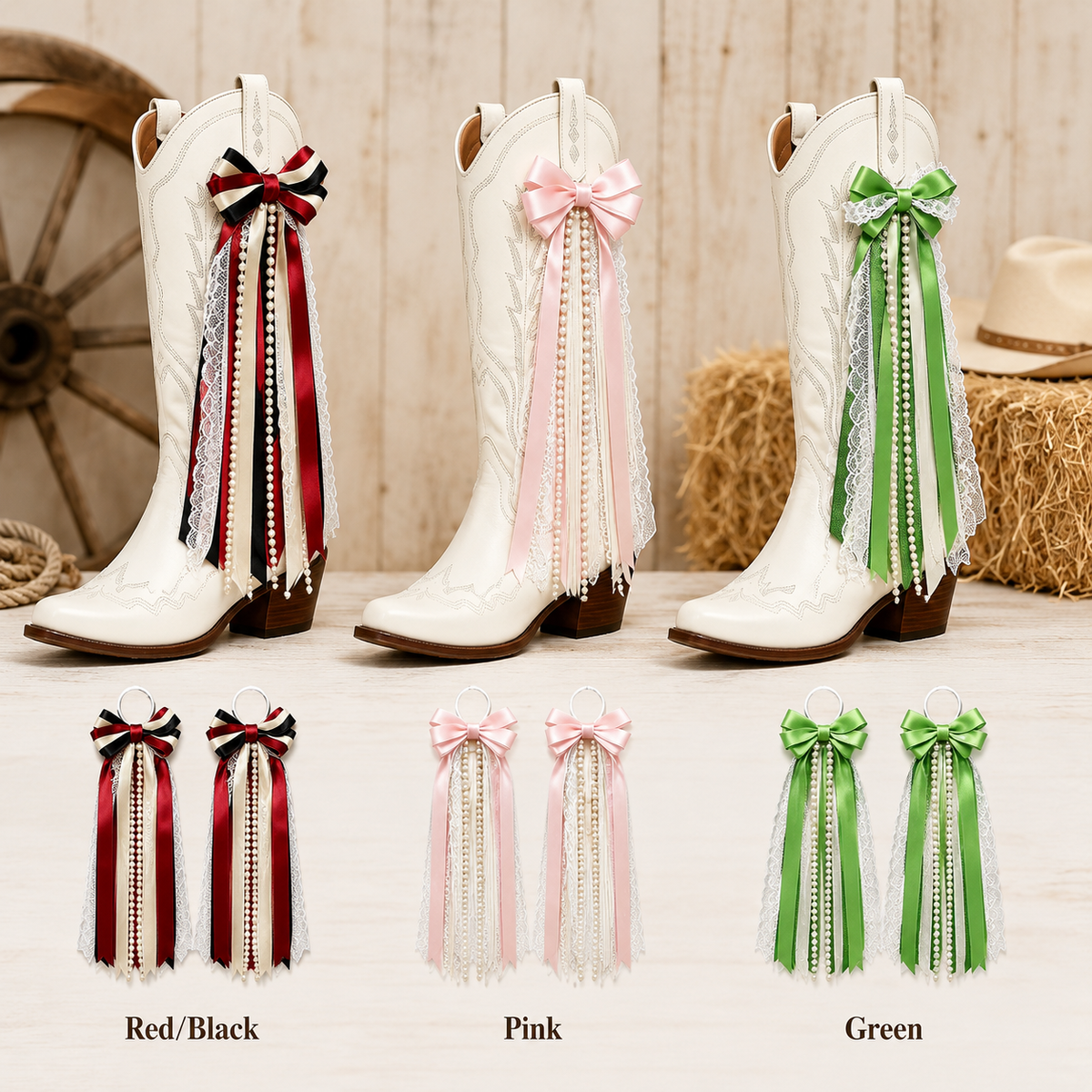 Pair of Pearl and Lace Bows for Cowboy Boots – Detachable Western Boot Accessories for Women