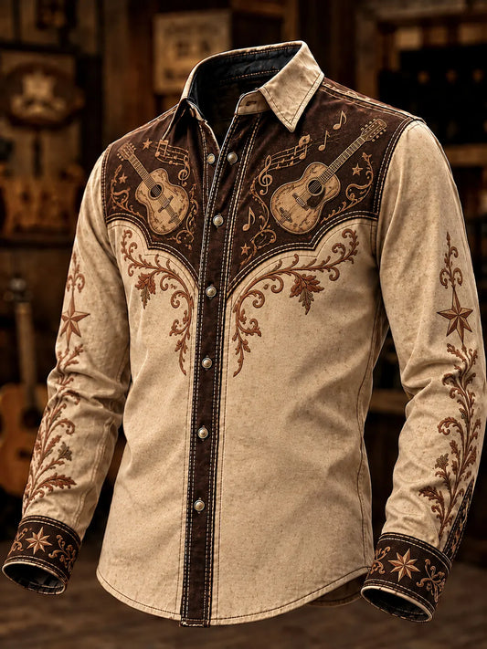 Men's Vintage Western Dual Acoustic Guitars With Musical Not Floral Vine Print Long Sleeve Shirt