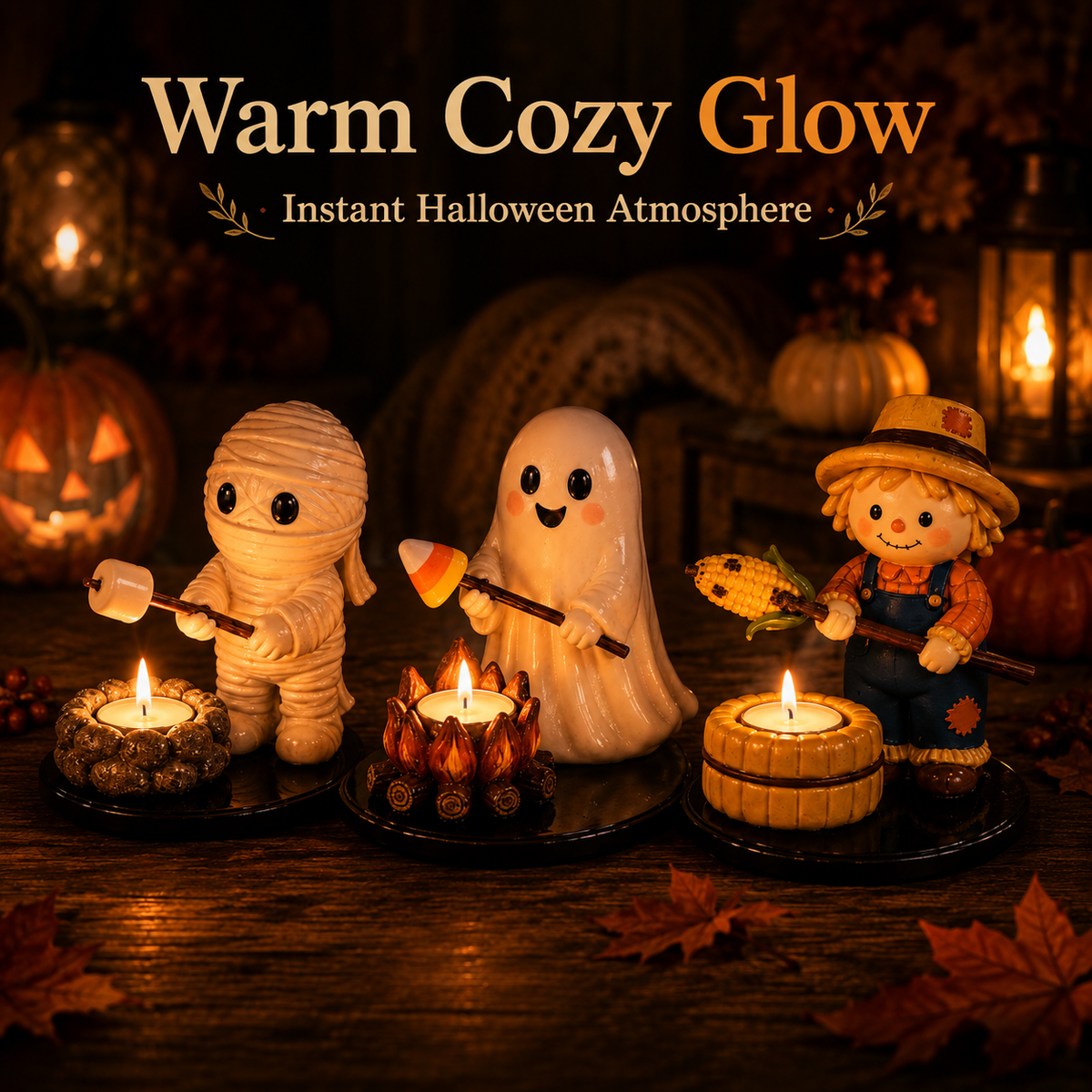 Halloween Campfire Tealight Holder Collection - Cute Ghost, Mummy & Scarecrow Tabletop Decor