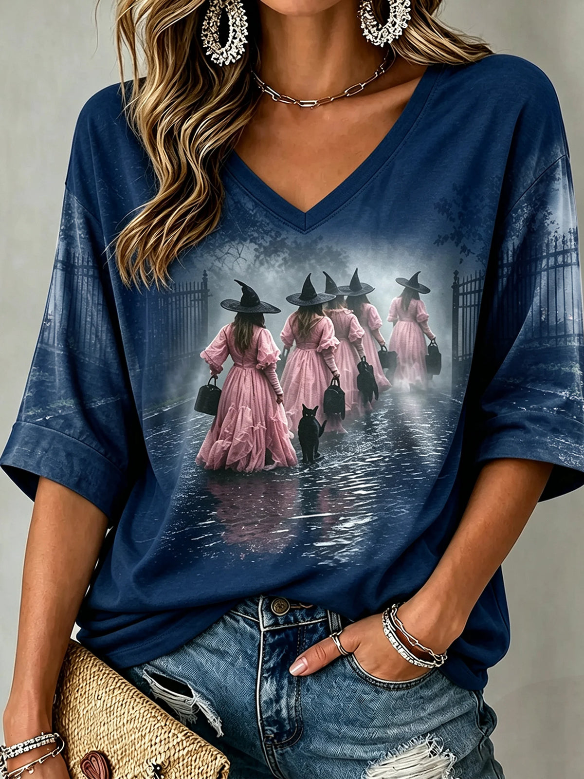 Women's Mysterious Witch and Black Cat Print Top