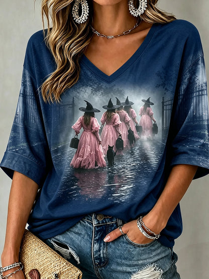 Women's Mysterious Witch and Black Cat Print Top