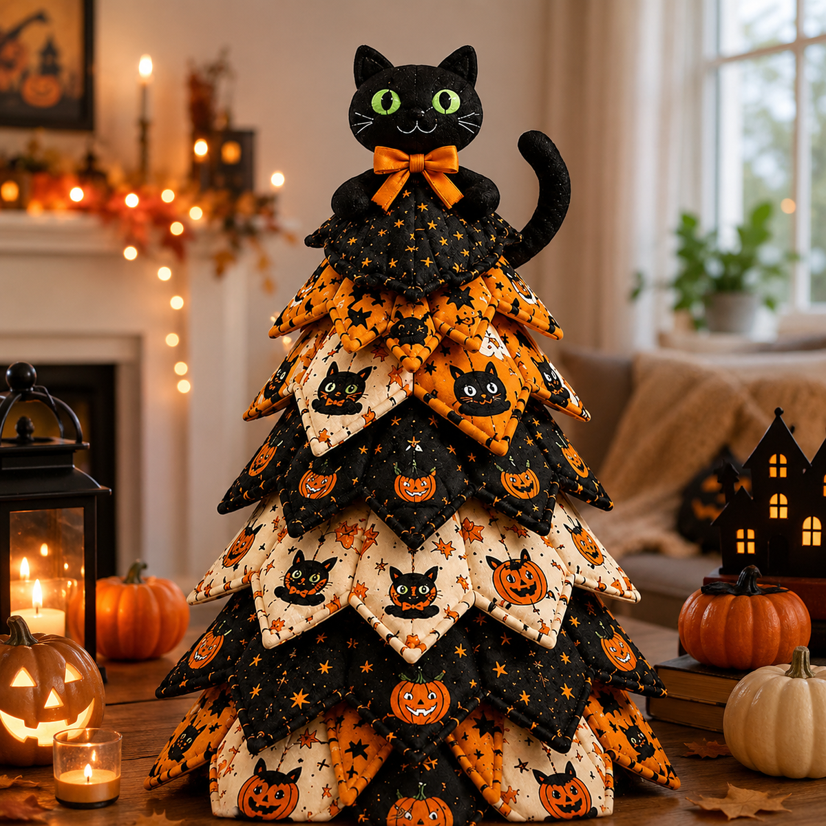 DIY Gothic Halloween Quilted Fabric Tree Kit – Layered Rose & Skull Tabletop Decoration
