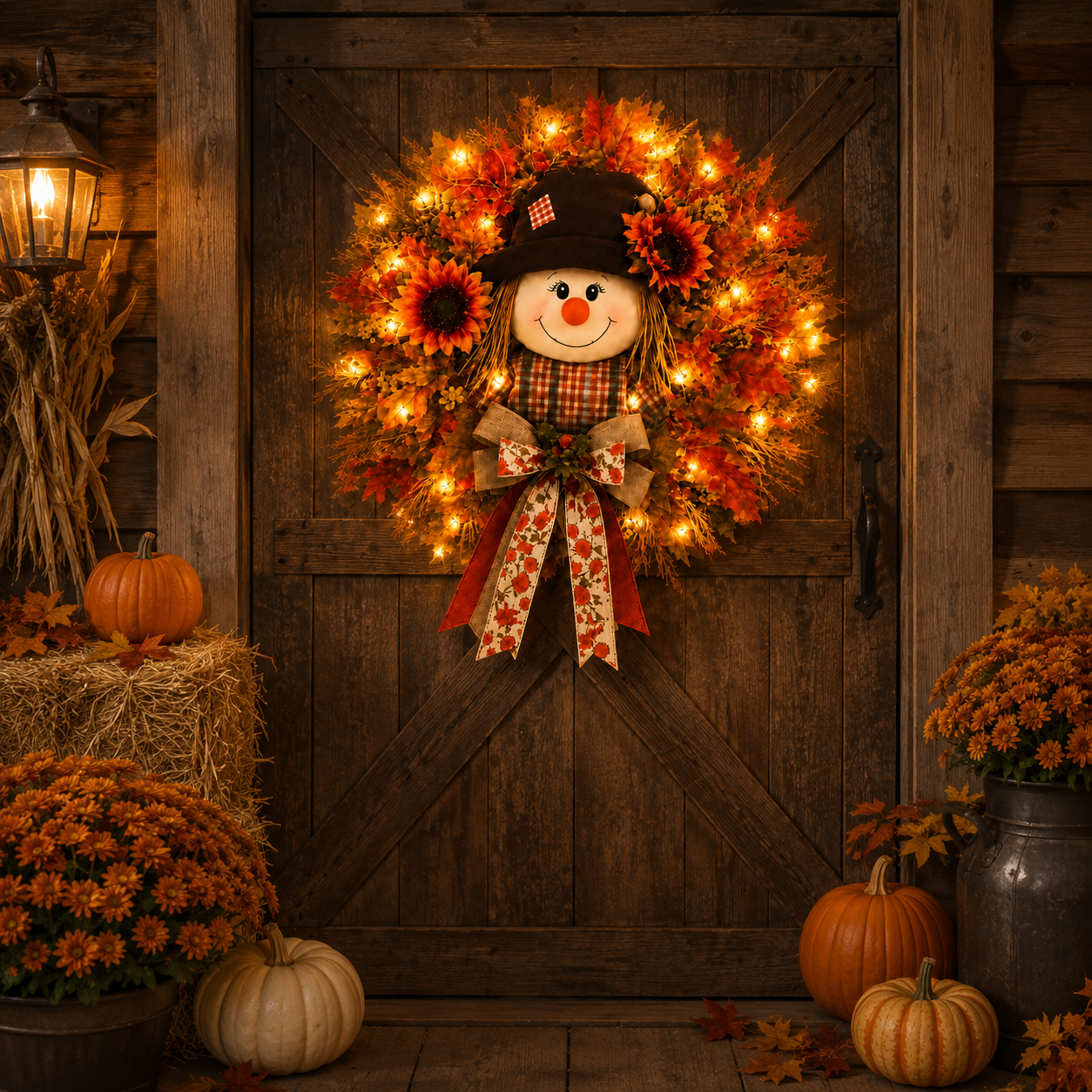 Lighted Scarecrow Fall Wreath – Cozy Autumn Front Door & Thanksgiving Decoration