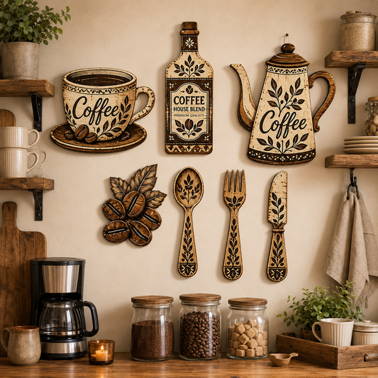 7-Piece Rustic Coffee Wall Art Set – Farmhouse Kitchen and Café Decoration