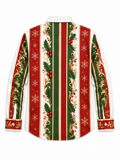 Moisture-Wicking Christmas-Themed Striped Trim and Chest Pocket  Long-Sleeve Casual Shirt
