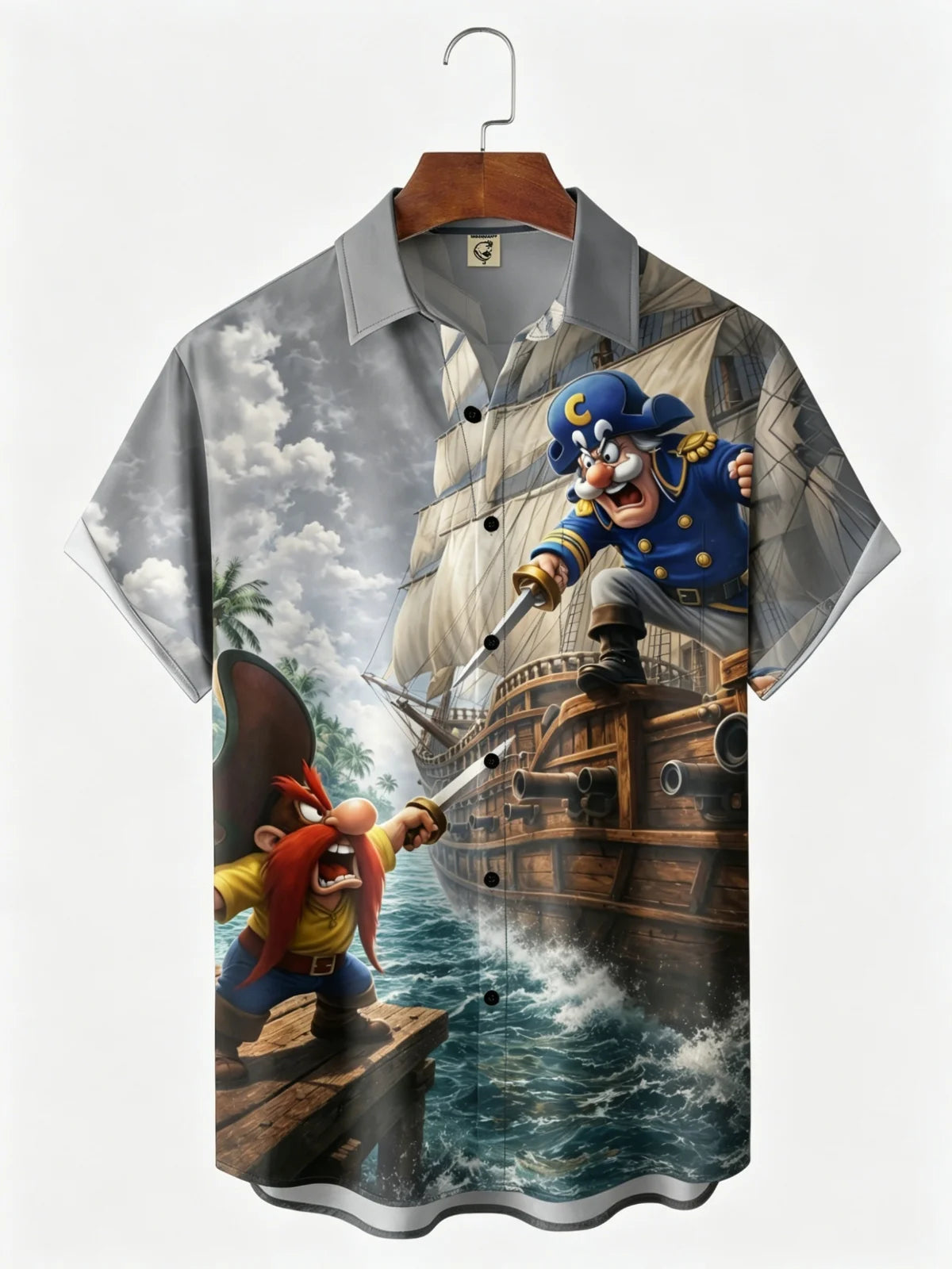 Moisture-Wicking Gradient-Color Dueling Pirates & Sailboats Design  Chest Pocket Hawaiian Shirt