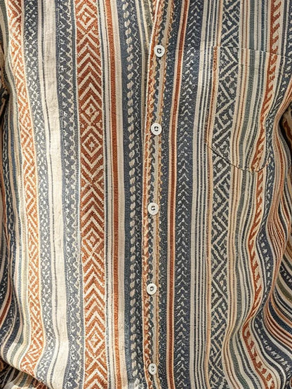 Linen-Texture Geometric Stripe  Chest Pocket Holiday Hawaiian Shirt