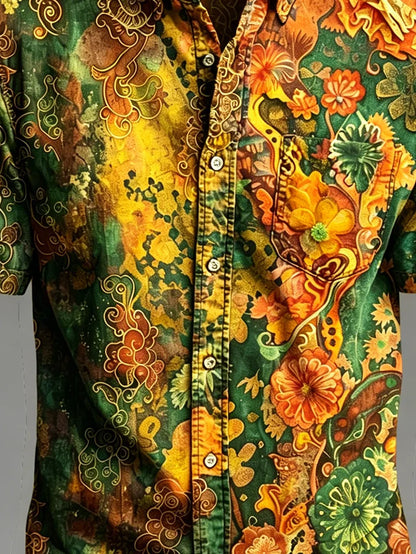 Moisture-Wicking Abstract Gradient Floral Print Chest Pocket Hawaiian Shirt