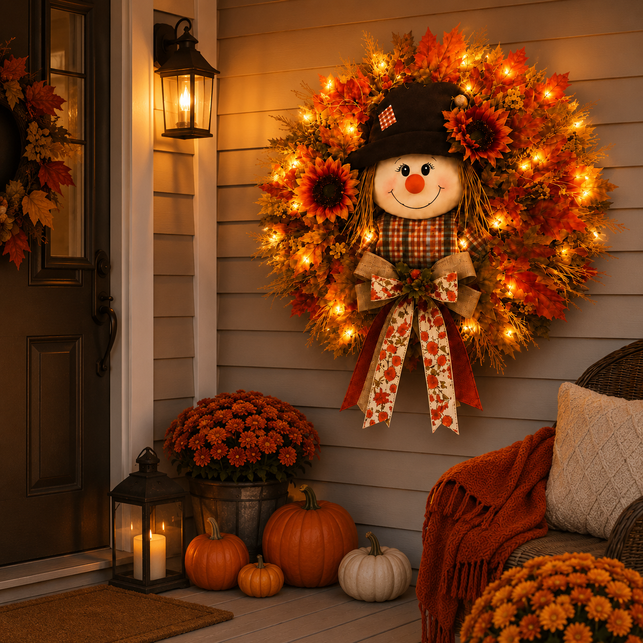 Lighted Scarecrow Fall Wreath – Cozy Autumn Front Door & Thanksgiving Decoration