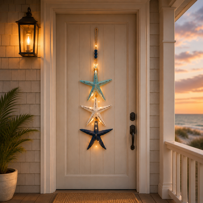 Lighted Coastal Starfish Door Hanger - Nautical Beach House Porch Decor